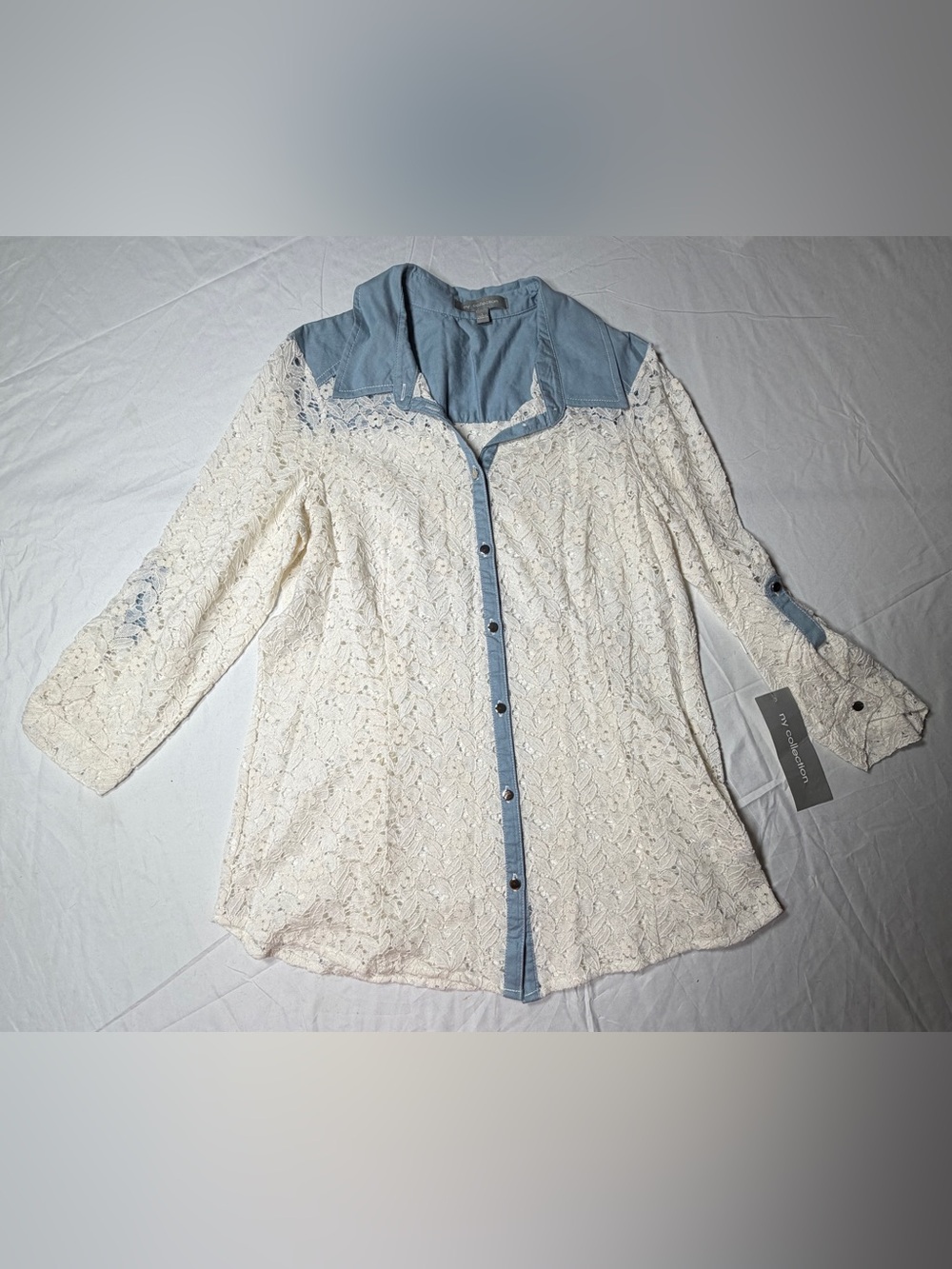 NY Collection Floral Lace & Denim Trim Button-Down Blouse - Size L - NWT